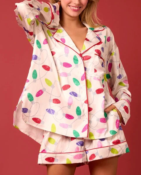 Satin Christmas Lights Prints Pajama Set