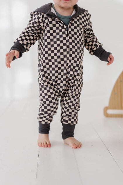 Checkered Zip Romper - Gray Wash