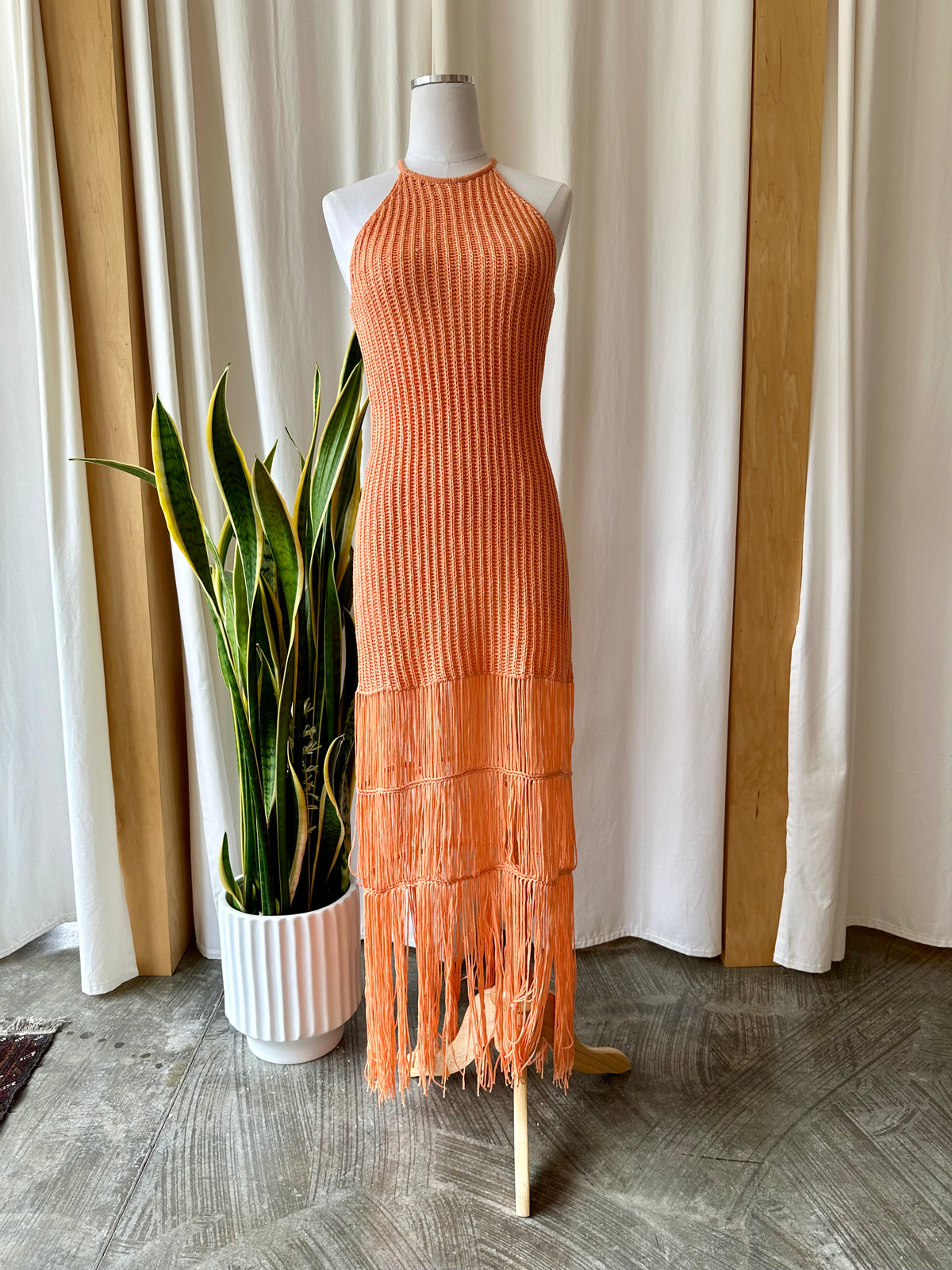 Crochet Knit Halter Fringe Midi Dress