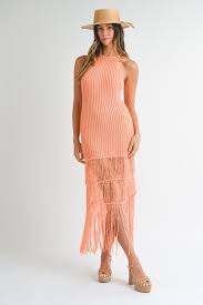 Crochet Knit Halter Fringe Midi Dress